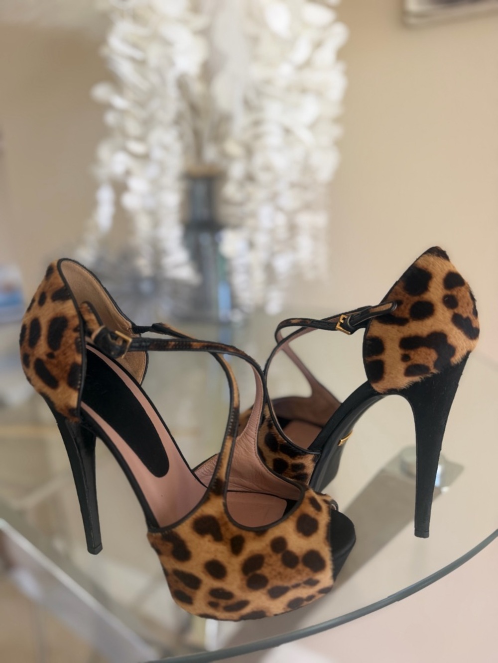 Authentic Gucci Leopard Print Strappy High Heel Sandals - Women's Fashion Heels
